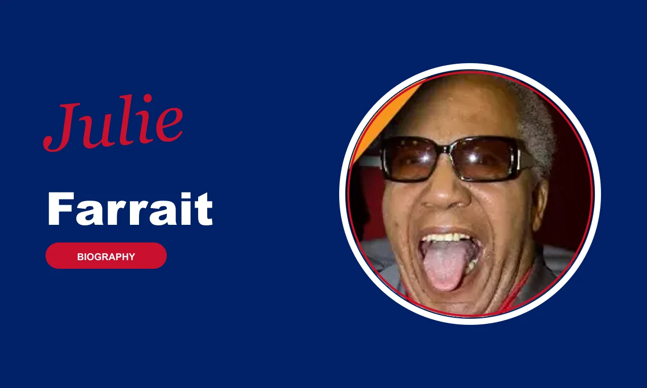 Julie Farrait biography banner on navy background