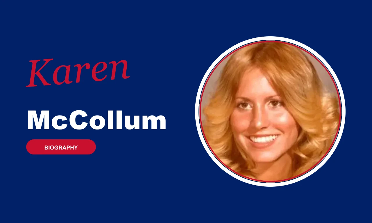 Karen McCollum biography banner on navy background