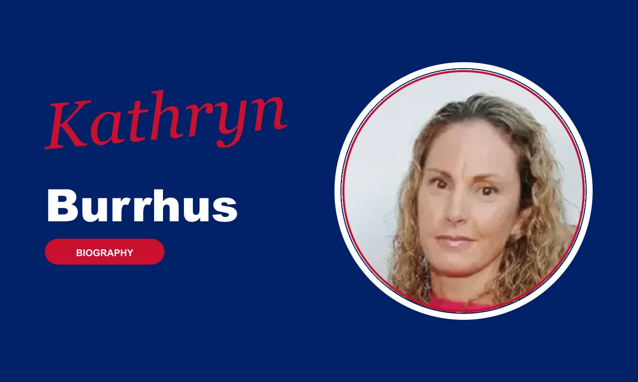 Kathryn Burrhus biography banner on navy background