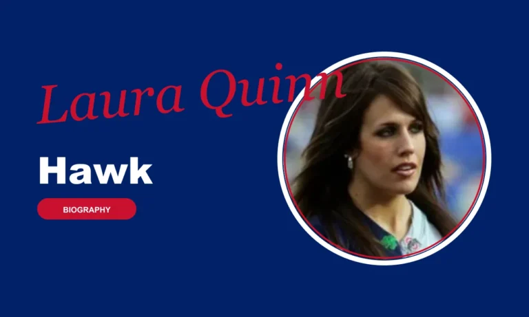 Laura Quinn Hawk biography banner on navy background