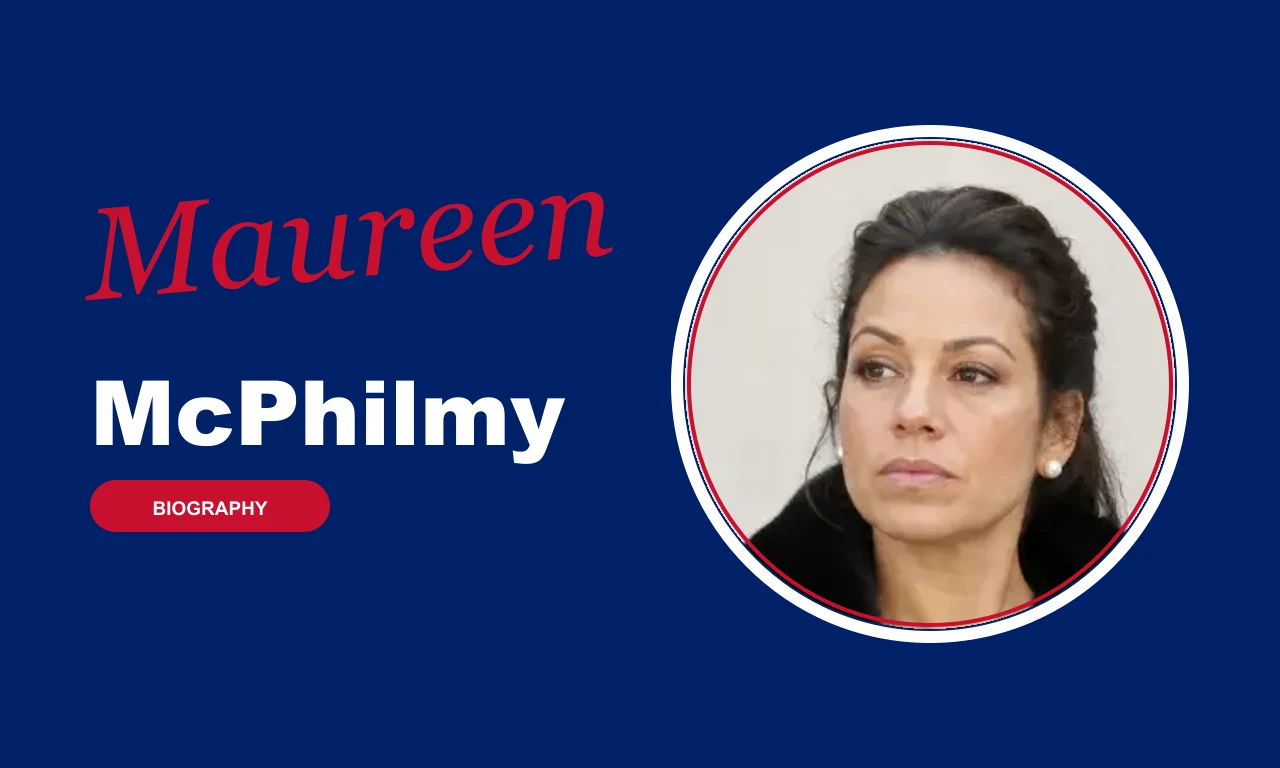 Maureen McPhilmy biography banner on navy background