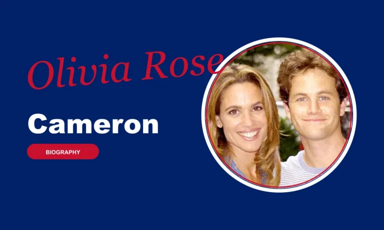Olivia Rose Cameron biography banner on navy background