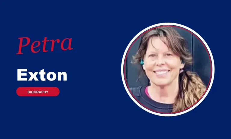 Petra Exton biography banner on navy background