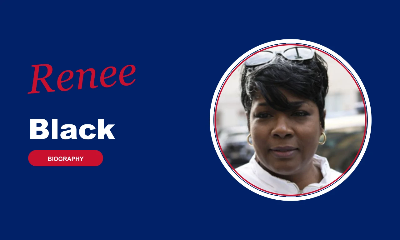 Renee Black biography banner on navy background