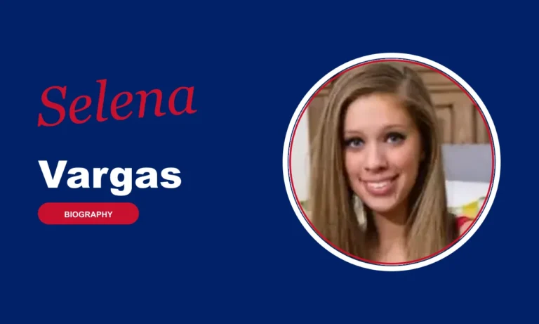 Selena Vargas biography banner on navy background