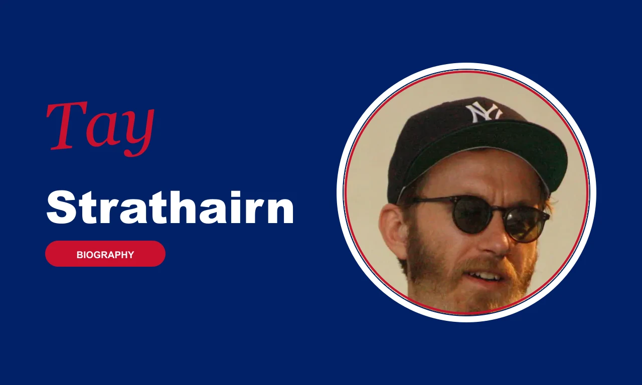 Tay Strathairn biography banner on navy background
