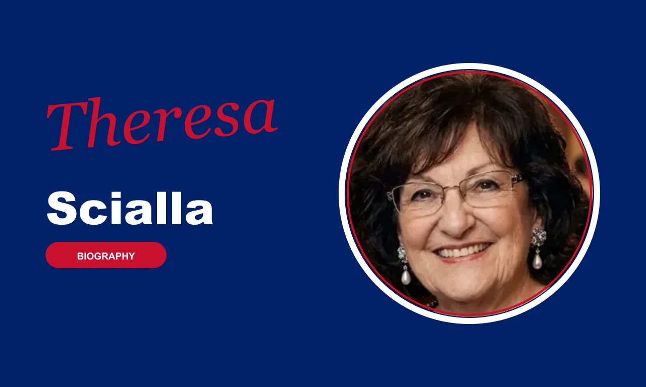 Theresa Scialla biography banner on navy background