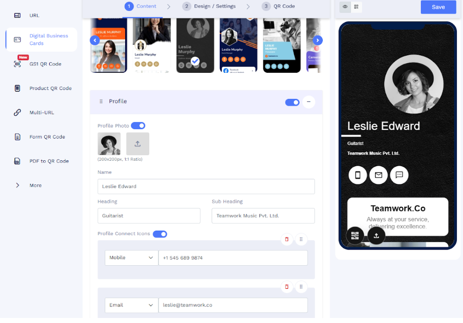 3. QRCodeChimp Digital Business Card: Best enterprise-grade feature rich platform